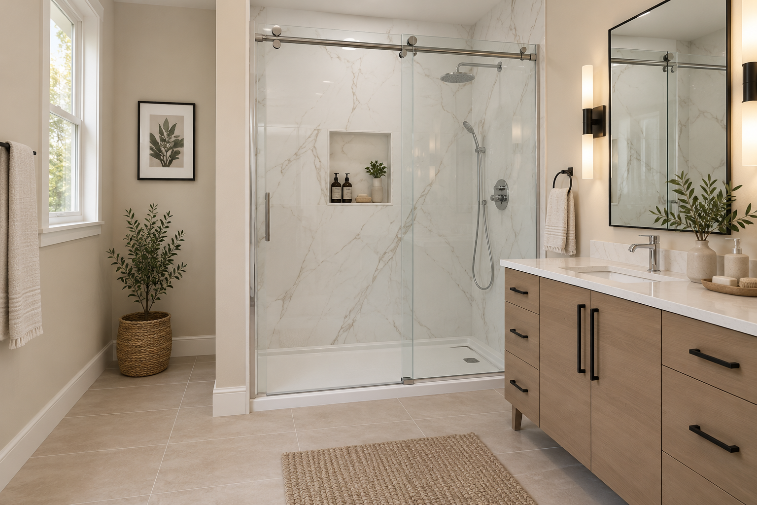 Illustrative bathroom design with marble-look shower walls and a warm wood vanity